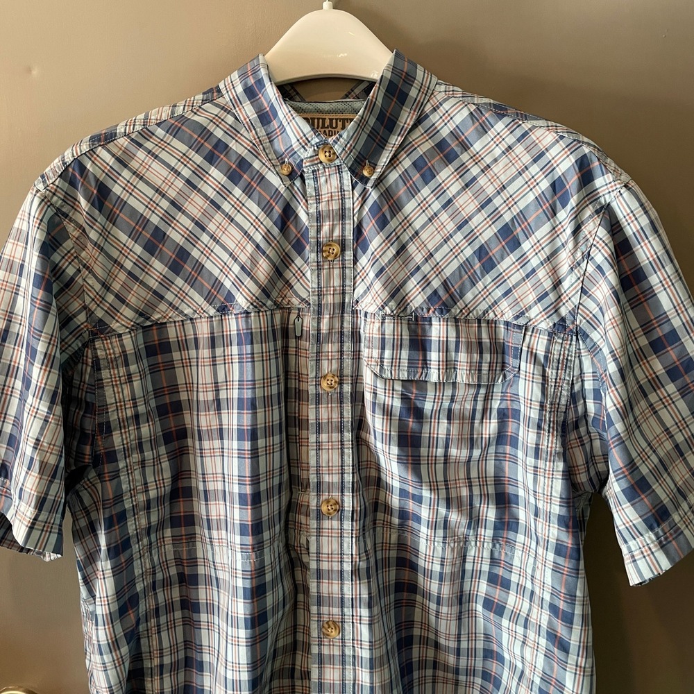 Duluth Trading Co Mens Large Blue Plaid Short Sleeve Ventilated Fishing Shirt